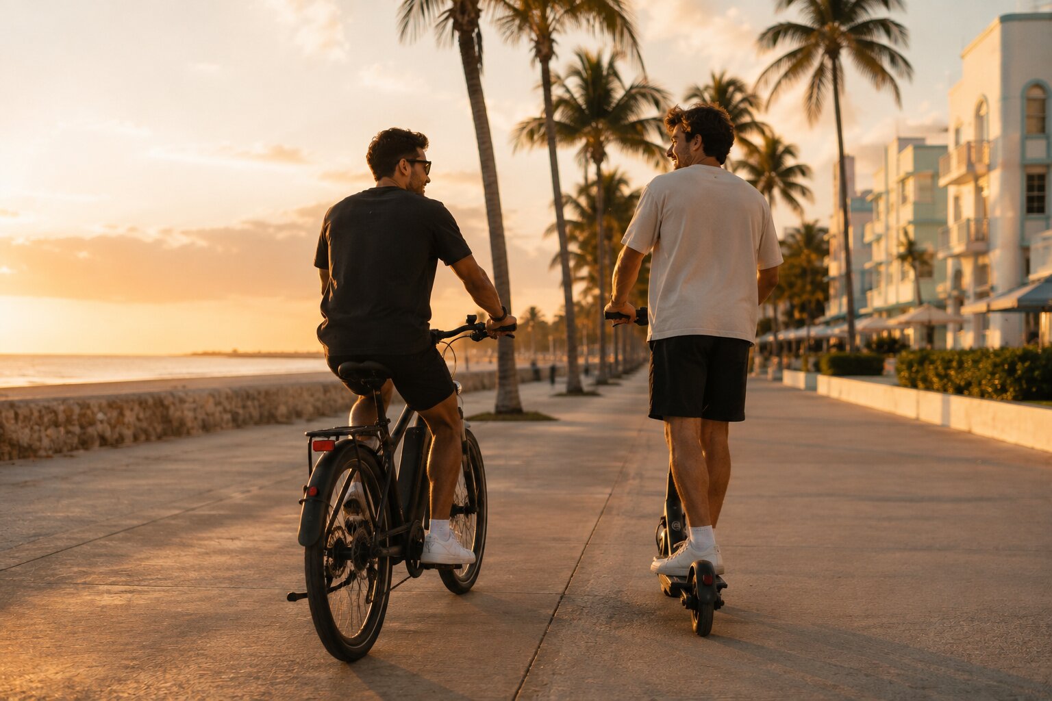 Riders on an electric bike and scooter along the Miami waterfront at sunset